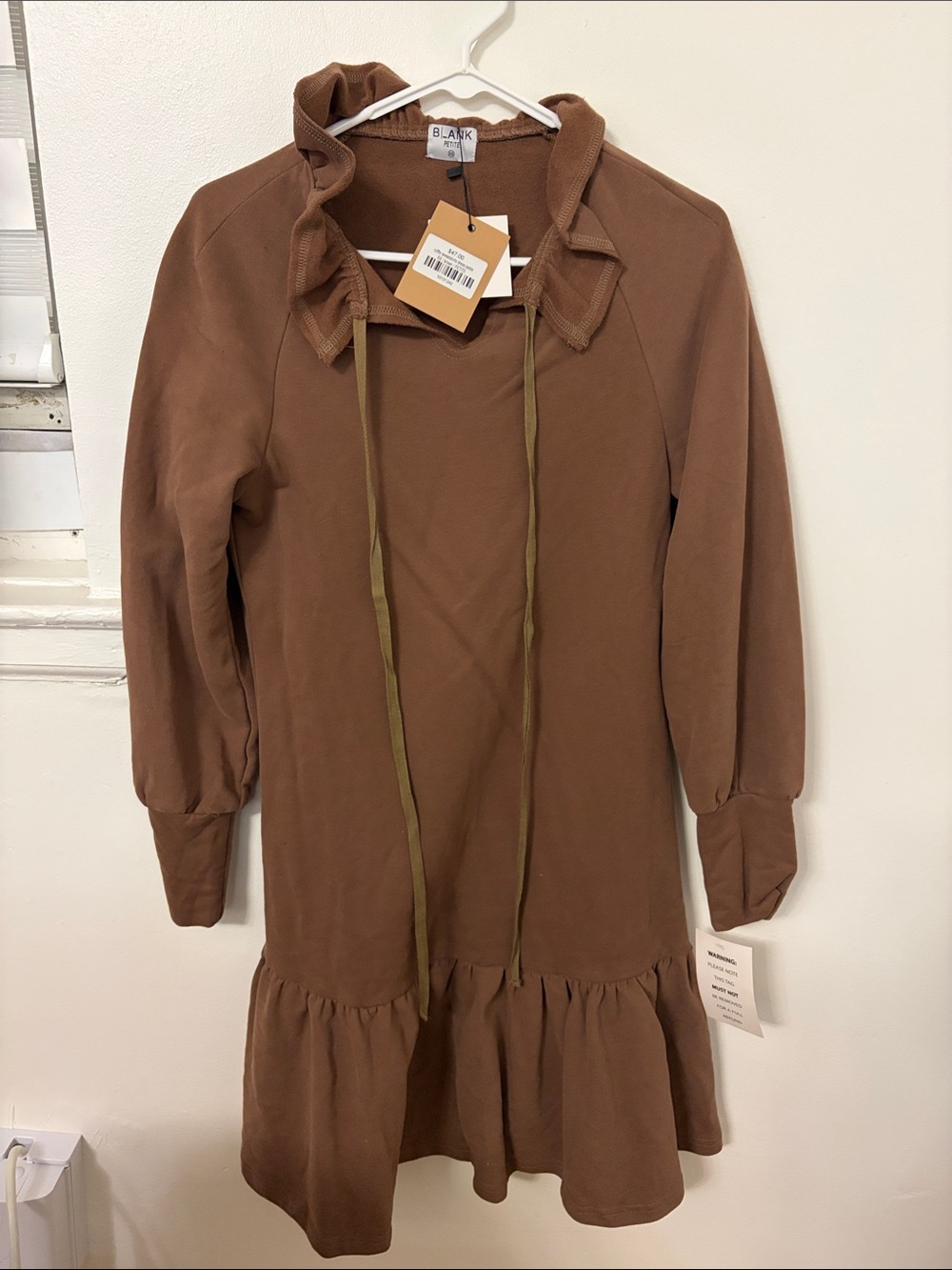 Dress Blank Brown Hoodie Dress with Ruffle Hem